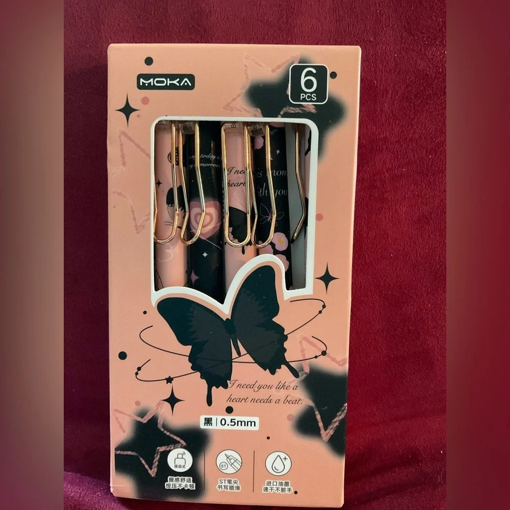 Moka Gel Pen Sets with Butterfly or Cat Design. Rubber Grips. Set of Six.